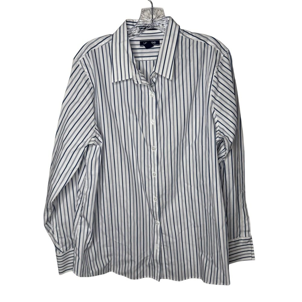 Lands End Womens No Iron Supima Cotton Striped Button Down Shirt Navy White 18